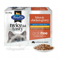 FUSSY CAT ​Bites & Chicken Gravy 袋鼠肉+魚肉+雞肉 濕包 80G 每盒內含12包，3種口味各有4包
