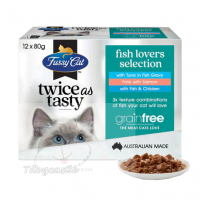FUSSY CAT ​Fish Lovers Selection 吞拿魚 / 三文魚 / 魚肉及雞肉 濕包 80G 每盒內含12包，3種口味各有4包