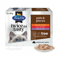 FUSSY CAT Pate & Pieces  雞肉+牛肉+鴨肉 濕包 80G 每盒內含12包，3種口味各有4包