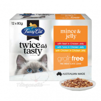 FUSSY CAT Mince & Jelly 牛肉+吞拿魚+雞肉 濕包 80G 每盒內含12包，3種口味各有4包
