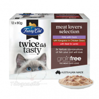 FUSSY CAT Meat Lovers Selection 袋鼠肉+鴨肉 / 牛肉+羊肉 濕包 80G 每盒內含12包，3種口味各有4包